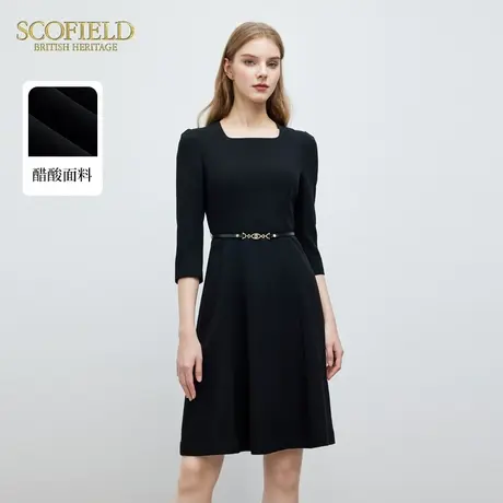【醋酸】Scofield女装方领收腰连衣裙通勤七分袖中长裙春夏图片