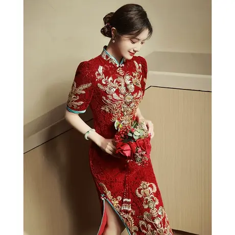 高端旗袍敬酒服新娘2023新款女夏季中式结婚礼服订婚蕾丝连衣裙图片