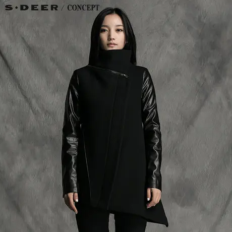 sdeer圣迪奥女装时尚拼皮A廓斜襟外套S15381749图片