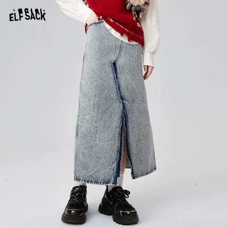 妖精的口袋高腰不规则开叉牛仔半身裙女2024秋新款设计感a字长裙图片