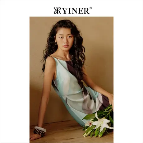 YINER音儿女装夏季法式优雅袖印花气质吊带连衣裙图片