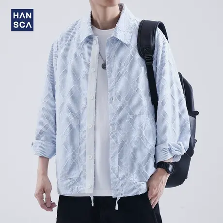 hansca条纹长袖衬衫男士秋季日系复古潮牌青少年宽松休闲衬衣外套图片