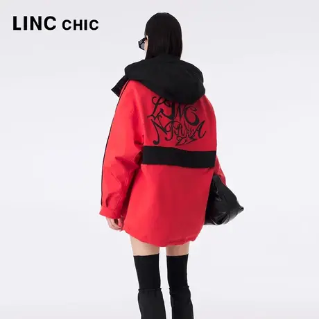 LINCCHIC金羽杰派克服2023年秋冬新品立领连帽直筒中长款羽绒服女图片