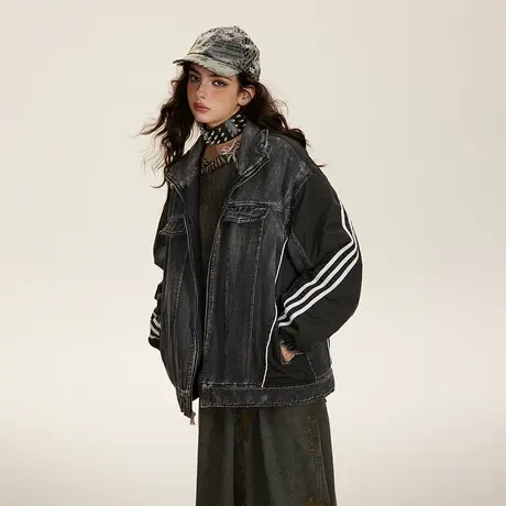 美式复古拼接棉服女条纹加厚冬天外套2023年新款做旧宽松棉衣棉袄图片