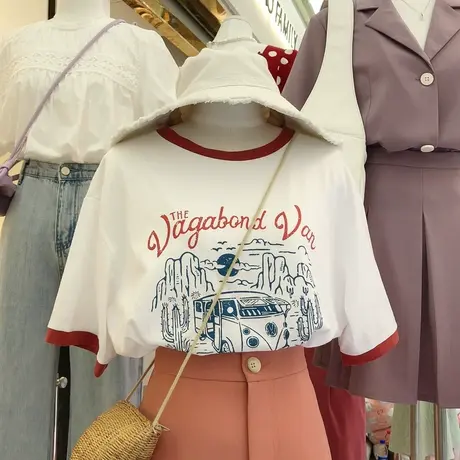 网红ins超火短袖t恤女夏季2020新款韩版潮撞色宽松百搭半袖上衣服图片