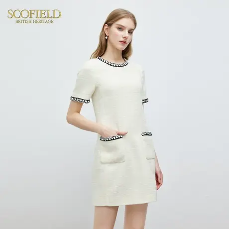 【小香风】Scofield女装圆领粗花呢连衣裙短裙子编织嵌边春夏图片