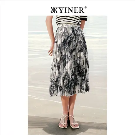 YINER音儿女装夏季印花半身裙设计感小众显瘦百褶裙图片