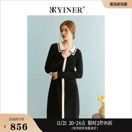 YINER音儿专选女装冬季法式优雅撞色翻领针织连衣裙图片