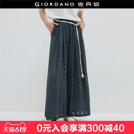 设计师款佐丹奴裤子女夏毛边格纹度假风松紧腰阔腿长裤18415805图片