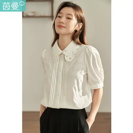 【商场同款】茵曼秋女装新款通勤提花绣花泡泡袖短袖衬衫衬衣图片