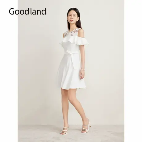 Goodland美地夏季镂空刺绣露肩荷叶花边仙女连衣裙图片