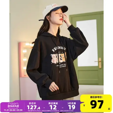 唐狮2023秋季新款女卫衣连帽宽松独特设计感oversize卡通图案上衣图片