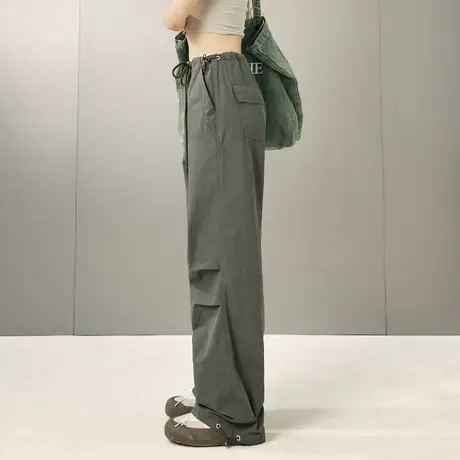 复古美式降落伞裤军绿色工装宽松裤子高腰显瘦直筒阔腿裤ins潮酷图片
