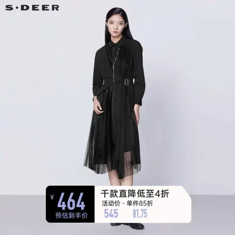 sdeer圣迪奥女装秋季翻领风琴褶收腰网纱拼接连衣裙S21381209图片