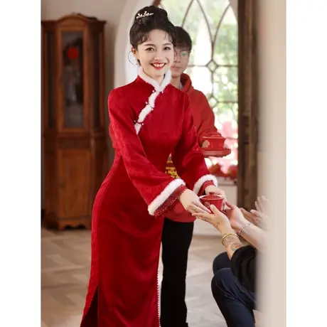 冬季旗袍敬酒服2023新款新娘长袖加厚保暖中式结婚礼服秀禾服嫁衣图片