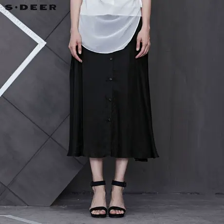 sdeer圣迪奥女夏时尚门襟设计开衩下摆黑色半身长裙S19281103图片