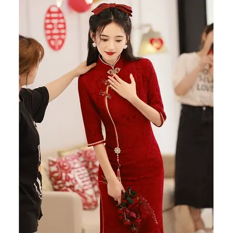中式旗袍红色敬酒服新娘女秋季小个子年轻款高级感订婚回门连衣裙图片