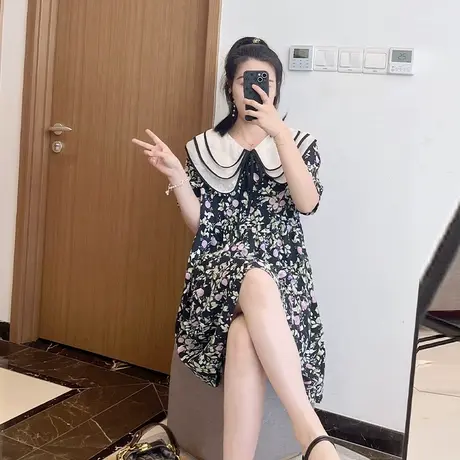 娃娃领减龄遮肚子微胖碎花雪纺薄2024新款夏季女装大码胖mm连衣裙图片