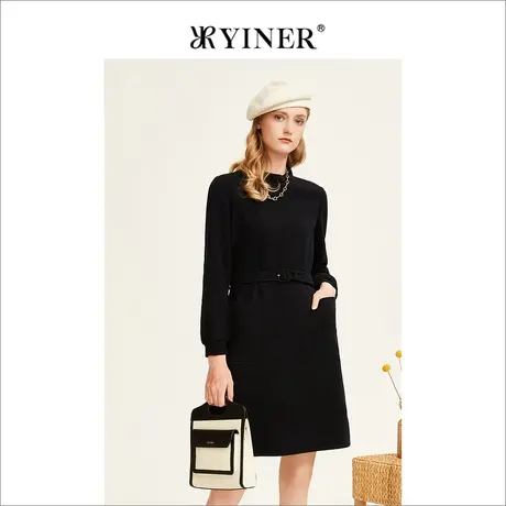 YINER音儿女装冬季收腰显瘦设计感中长款羊毛连衣裙图片
