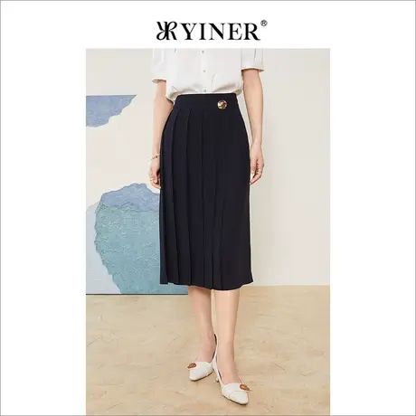 YINER音儿线上专选女装2022夏季百褶拼接金属装饰半身裙图片