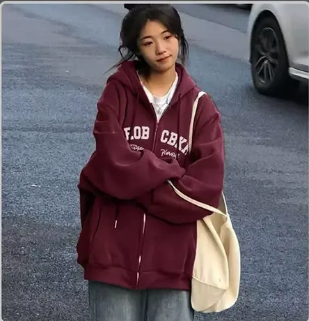 美式复古卫衣女2023秋冬季小个子慵懒风连帽加绒加厚开衫拉链外套图片