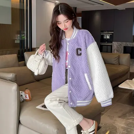 唐狮外套女棒球服仿兔毛冬季新款高级感仿麂皮绒毛毛上衣加厚图片