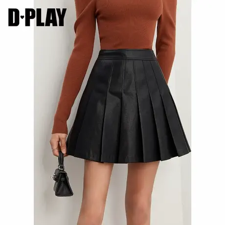 DPLAY秋新学院风黑色百褶皮革短裙甜酷少女感高腰A字半裙图片