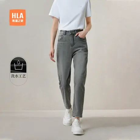 HLA/海澜之家中华龙牛仔裤春夏新款洗水休闲通勤刺绣九分裤子女装图片