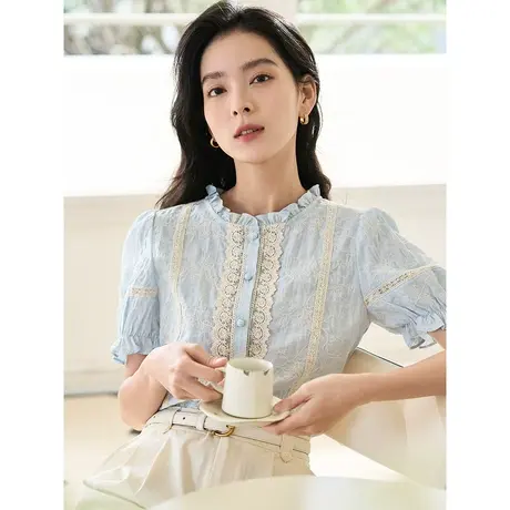 茵曼2023夏季女装新款法式流行别致泡泡袖花边圆领刺绣衬衫衬衣图片