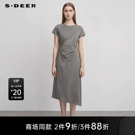 【商场同款】sdeer圣迪奥OL风圆领抽褶不规则短袖连衣裙S25281218图片