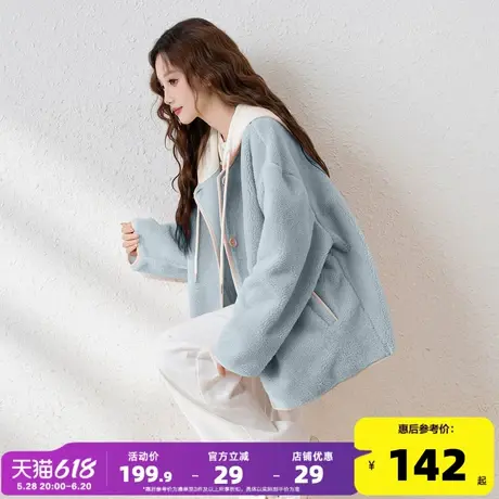 唐狮春季新款连帽拼接仿羊羔毛加厚保暖外套女宽松休闲潮流图片