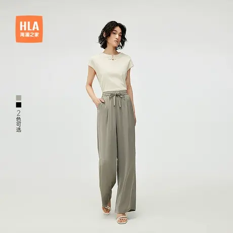HLA/海澜之家中式休闲裤25春夏新款雪纺花纹直筒黑色吊坠裤子女装图片