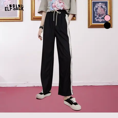 妖精的口袋撞色高腰运动阔腿裤女2023夏季新款长裤宽松显瘦休闲裤图片