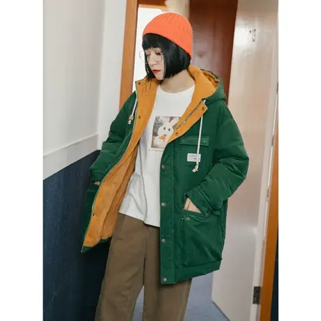 omont蛋挞家 复古宽松连帽羽绒服女中长款长袖外套保暖大衣冬季图片
