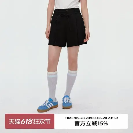 omont蛋挞家复古通勤休闲系带短裤2025夏季黑色高腰阔腿西装裤子图片