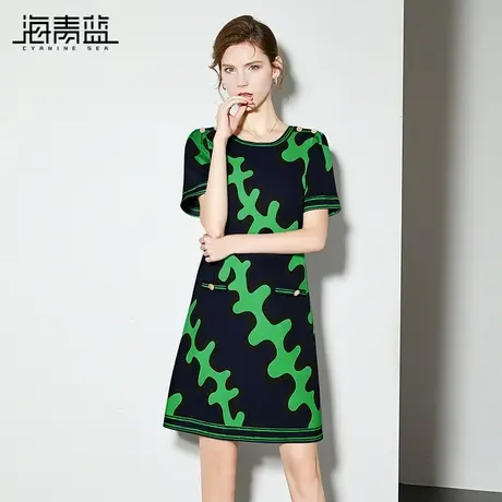 海青蓝设计感时尚印花连衣裙女2025夏季新款圆领显瘦遮肉短袖裙子图片
