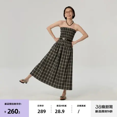 omont蛋挞家 复古格纹抹胸连衣裙春季新款收腰无袖中长裙子图片
