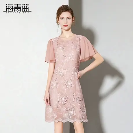 海青蓝 短袖连衣裙夏季2025年新款女装高级设计感中长款裙子图片