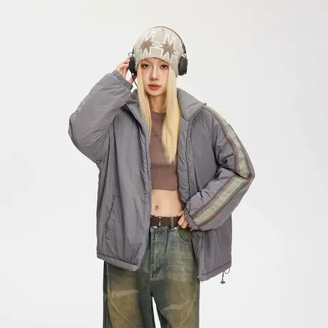 美式复古潮牌运动风立领棉服女冬季加厚外套2023新款宽松保暖棉衣图片