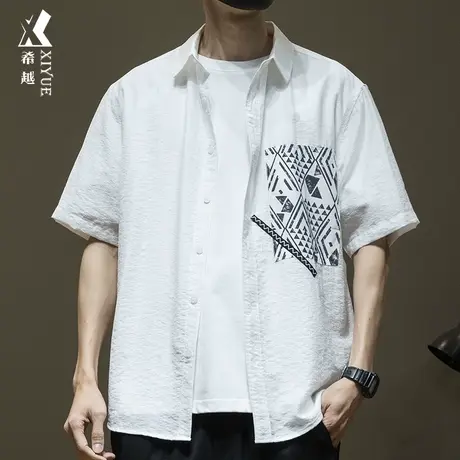 希越莱赛尔轻薄衬衫男2024夏季新款宽松大码皱感男士翻领短袖衬衣图片