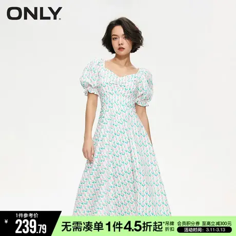 ONLY秋季时尚气质满印A字方领泡泡袖连衣裙女|123207134图片