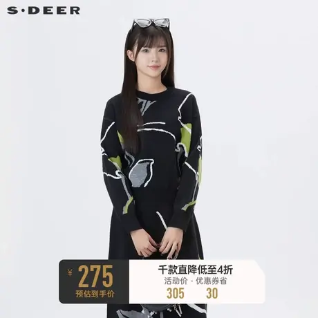 sdeer圣迪奥女装罗纹圆领撞色印花宽松针织衫S234Z3565图片