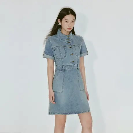 omont蛋挞家 复古牛仔连衣裙春季新款气质立领高腰休闲短裙子图片