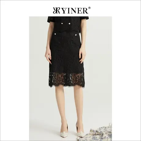 YINER音儿女装夏季中长款黑色修身镂空蕾丝半身裙图片