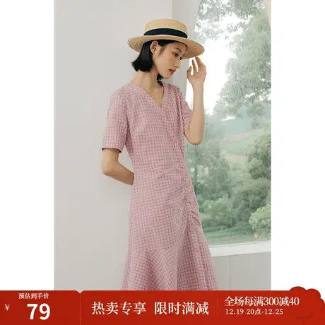 茵曼秋装新款女V领斜门襟法式复古格纹正式场合粉色连衣裙图片