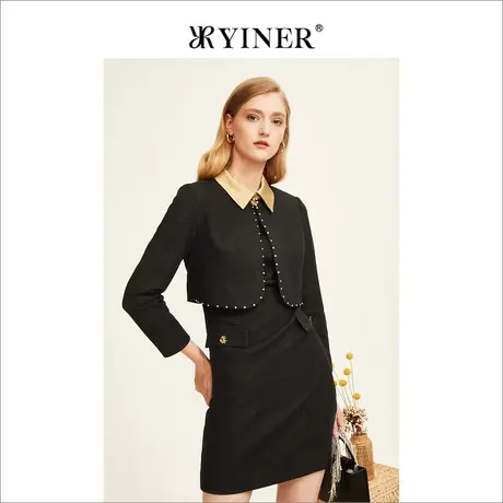 YINER音儿女装冬季撞色拼接假两件羊毛连衣裙图片