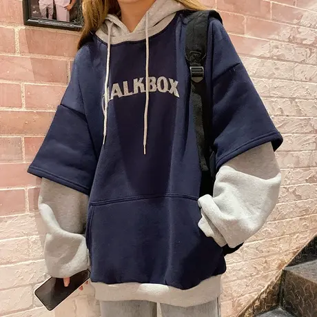 ulzzang卫衣女秋冬加绒加厚宽松韩版假两件上衣bf慵懒风外套潮ins图片