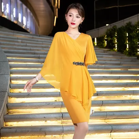 宴会小礼服晚礼服女名媛风气质女神范气质短款平时可穿黄色连衣裙图片