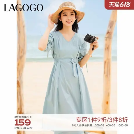 LAGOGO收腰显瘦V领泡泡袖气质甜美连衣裙女拉谷谷时尚舒适裙子图片