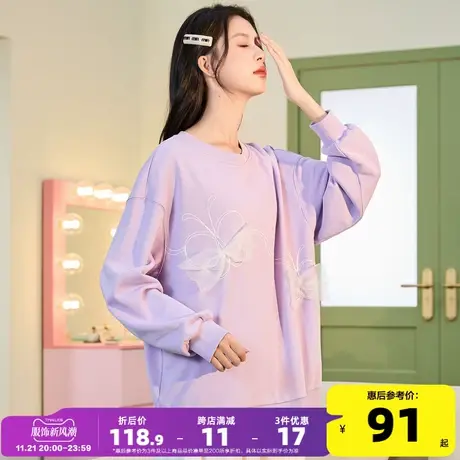 唐狮2023秋季新款女卫衣圆领洋气独特别致设计感蝴蝶结甜美上衣图片